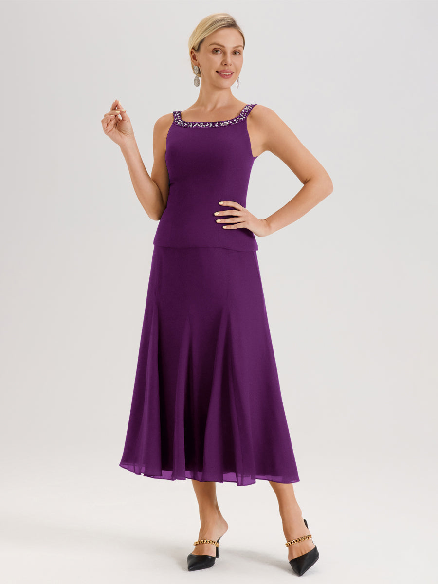 Cicinia Raisin Ensemble 3 Pièces Robe Mère De La Mariée Mi-Long À Col Carré Et Manches Trois-Quarts En Mousseline