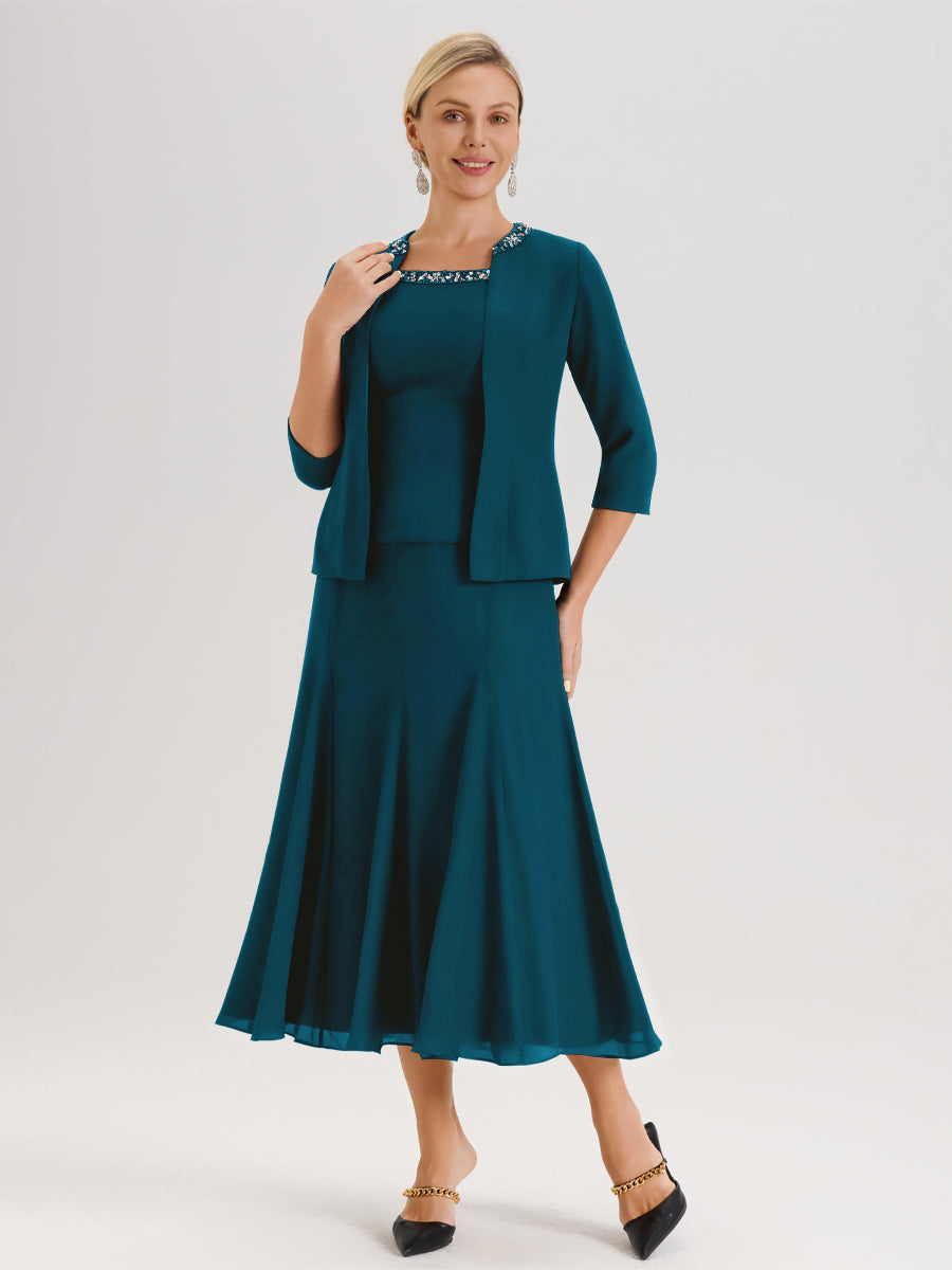 Cicinia Bleu Encre Ensemble 3 Pièces Robe Mère De La Mariée Mi-Long À Col Carré Et Manches Trois-Quarts En Mousseline