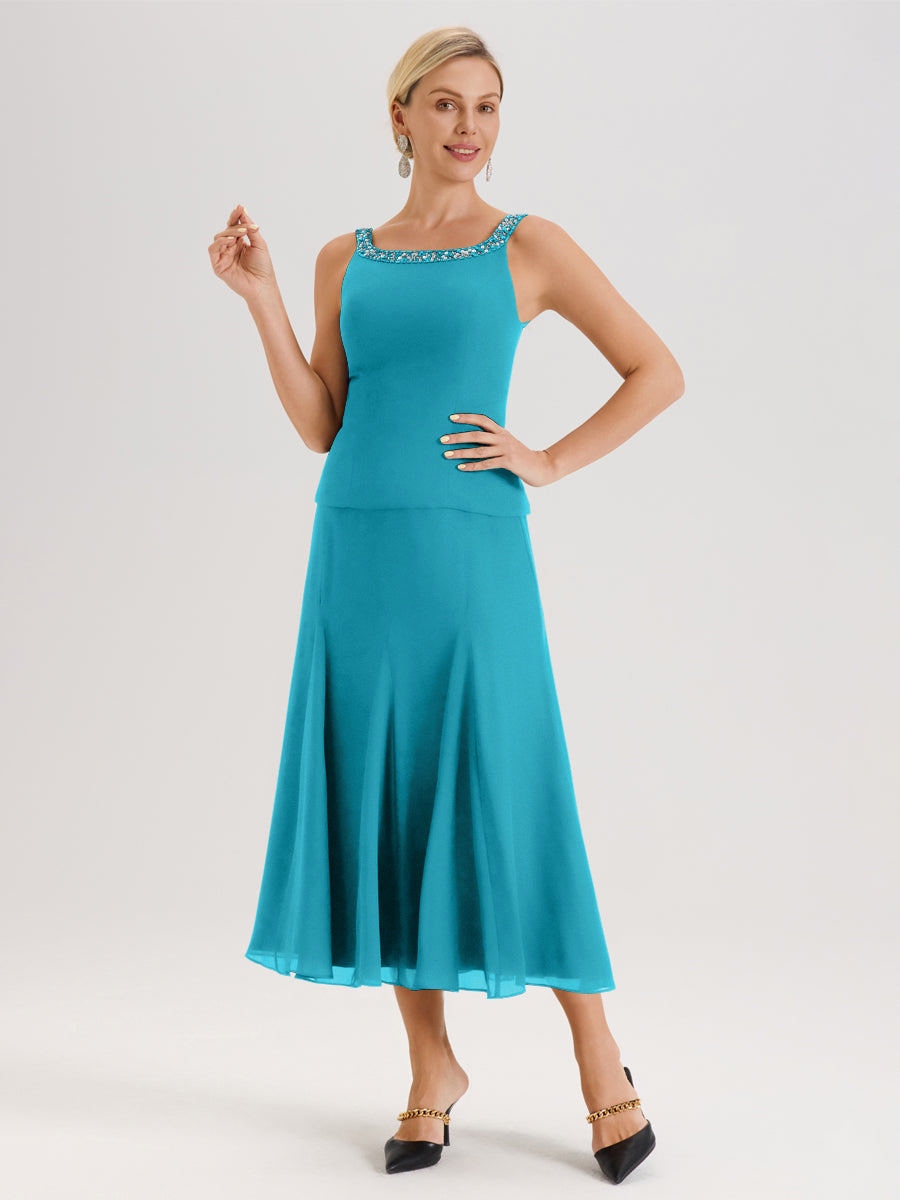 Cicinia Jade Ensemble 3 Pièces Robe Mère De La Mariée Mi-Long À Col Carré Et Manches Trois-Quarts En Mousseline