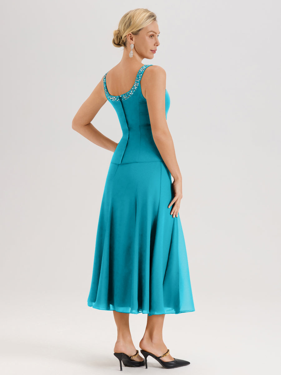 Cicinia Jade Ensemble 3 Pièces Robe Mère De La Mariée Mi-Long À Col Carré Et Manches Trois-Quarts En Mousseline