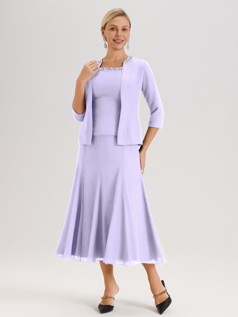 Cicinia Lilas Ensemble 3 Pièces Robe Mère De La Mariée Mi-Long À Col Carré Et Manches Trois-Quarts En Mousseline