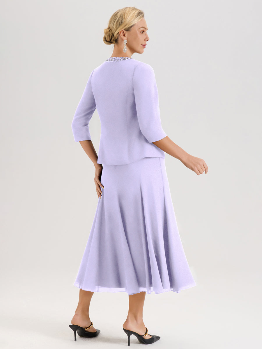 Cicinia Lilas Ensemble 3 Pièces Robe Mère De La Mariée Mi-Long À Col Carré Et Manches Trois-Quarts En Mousseline