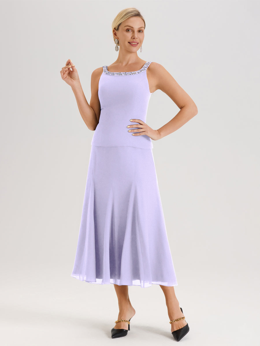 Cicinia Lilas Ensemble 3 Pièces Robe Mère De La Mariée Mi-Long À Col Carré Et Manches Trois-Quarts En Mousseline