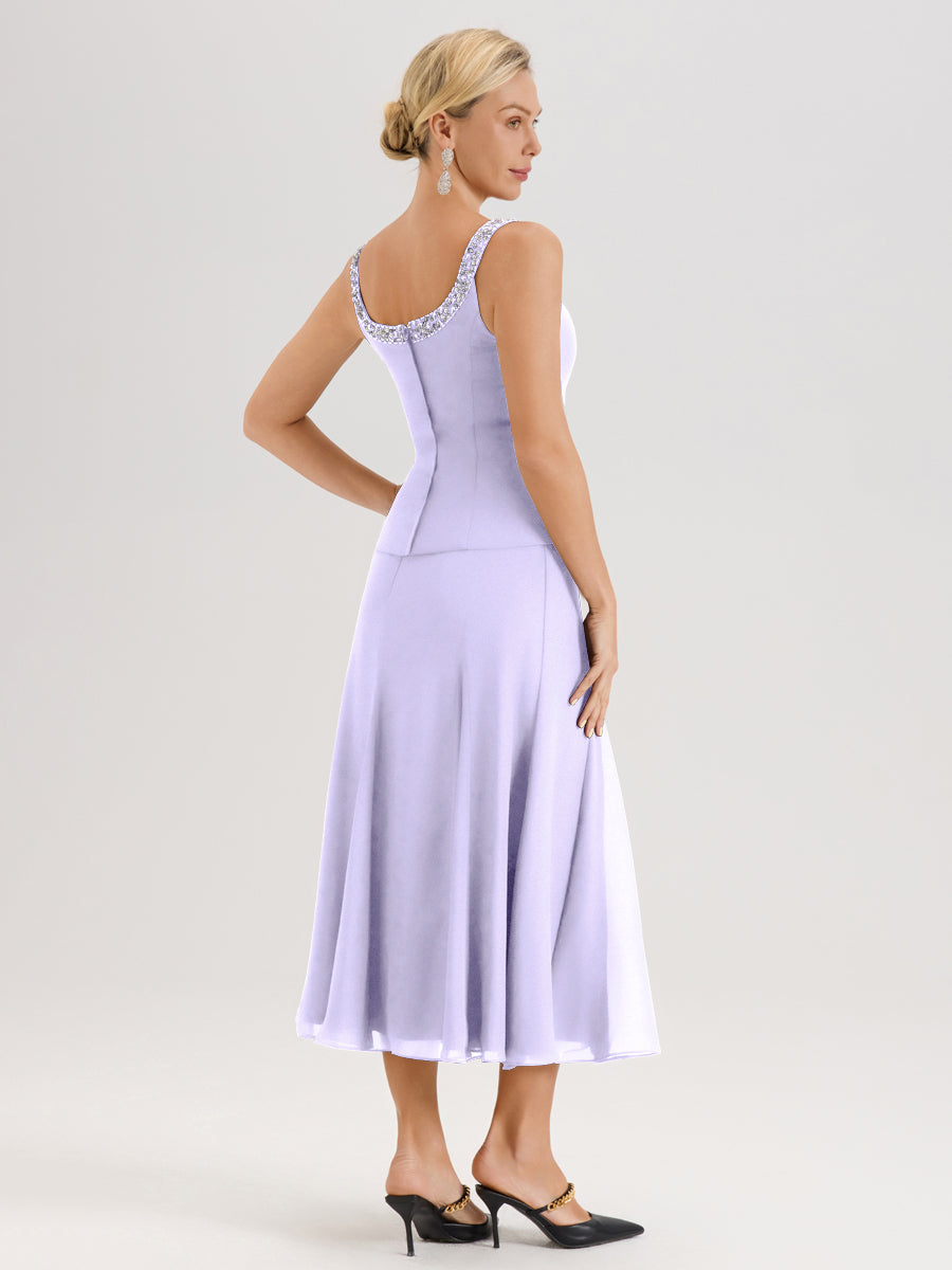 Cicinia Lilas Ensemble 3 Pièces Robe Mère De La Mariée Mi-Long À Col Carré Et Manches Trois-Quarts En Mousseline