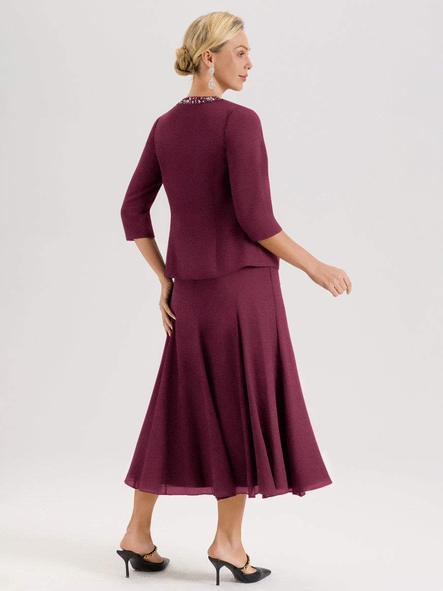 Cicinia Mûre Ensemble 3 Pièces Robe Mère De La Mariée Mi-Long À Col Carré Et Manches Trois-Quarts En Mousseline