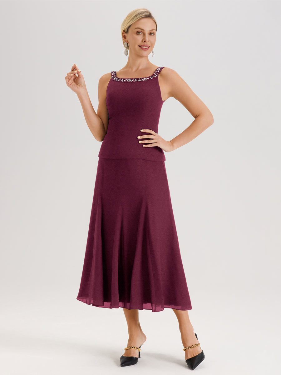 Cicinia Mûre Ensemble 3 Pièces Robe Mère De La Mariée Mi-Long À Col Carré Et Manches Trois-Quarts En Mousseline