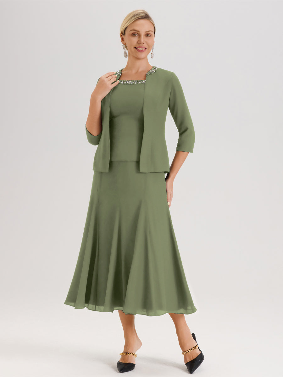 Cicinia Vert Olive Ensemble 3 Pièces Robe Mère De La Mariée Mi-Long À Col Carré Et Manches Trois-Quarts En Mousseline