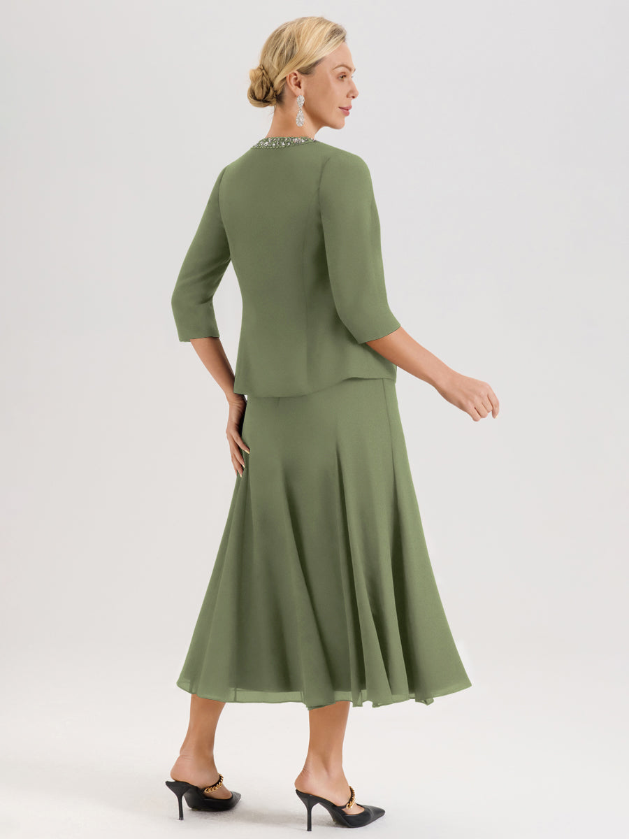 Cicinia Vert Olive Ensemble 3 Pièces Robe Mère De La Mariée Mi-Long À Col Carré Et Manches Trois-Quarts En Mousseline