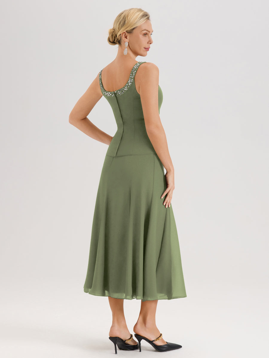 Cicinia Vert Olive Ensemble 3 Pièces Robe Mère De La Mariée Mi-Long À Col Carré Et Manches Trois-Quarts En Mousseline
