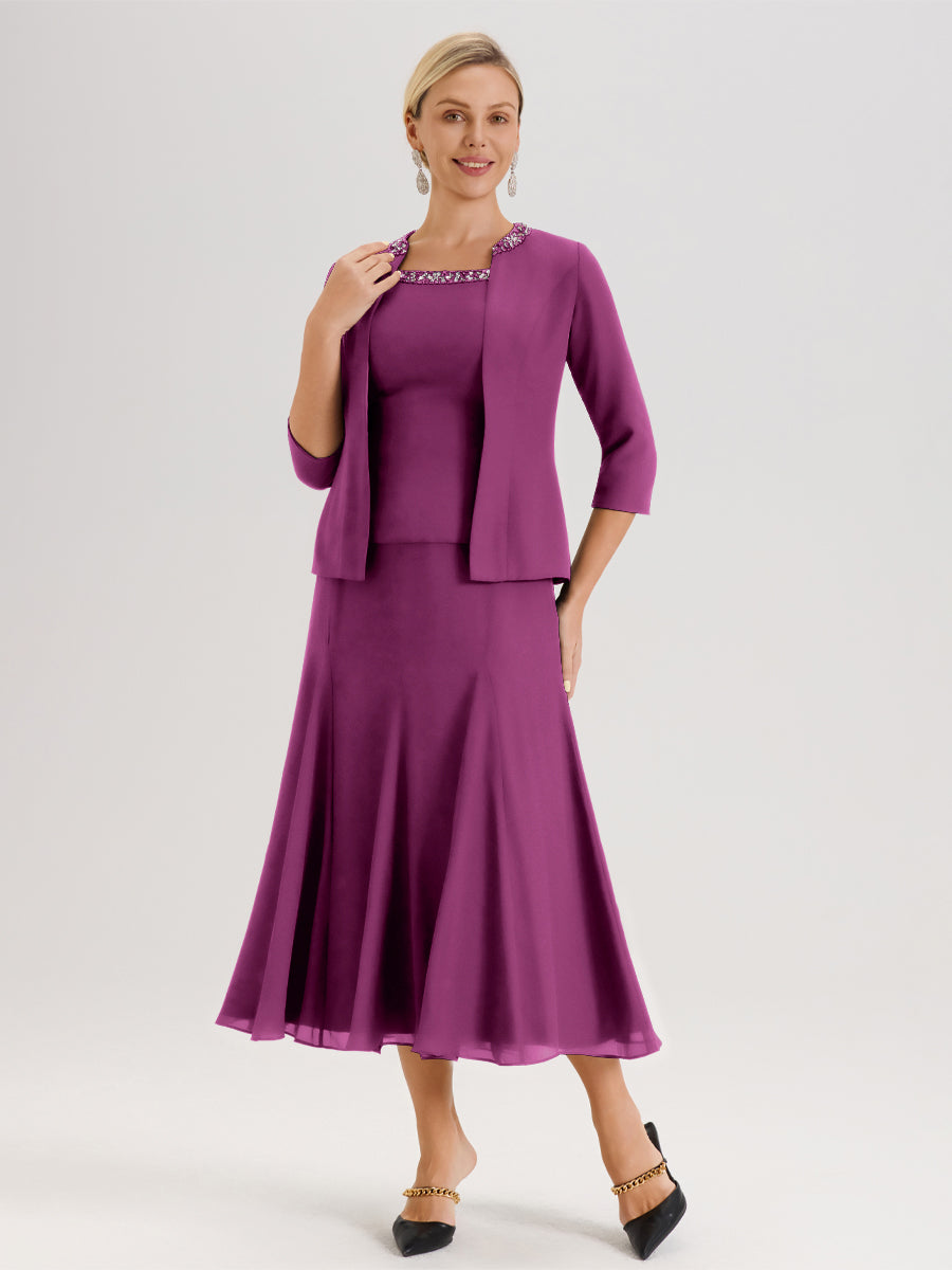 Cicinia Orchidée Ensemble 3 Pièces Robe Mère De La Mariée Mi-Long À Col Carré Et Manches Trois-Quarts En Mousseline