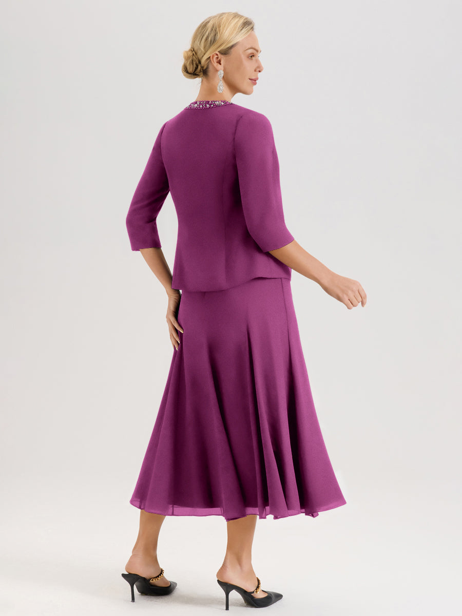 Cicinia Orchidée Ensemble 3 Pièces Robe Mère De La Mariée Mi-Long À Col Carré Et Manches Trois-Quarts En Mousseline