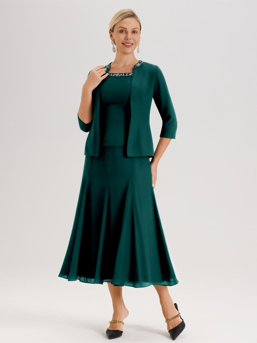 Cicinia Paon Ensemble 3 Pièces Robe Mère De La Mariée Mi-Long À Col Carré Et Manches Trois-Quarts En Mousseline