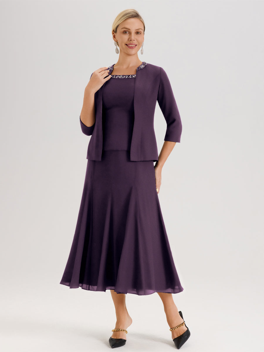 Cicinia Plum Ensemble 3 Pièces Robe Mère De La Mariée Mi-Long À Col Carré Et Manches Trois-Quarts En Mousseline
