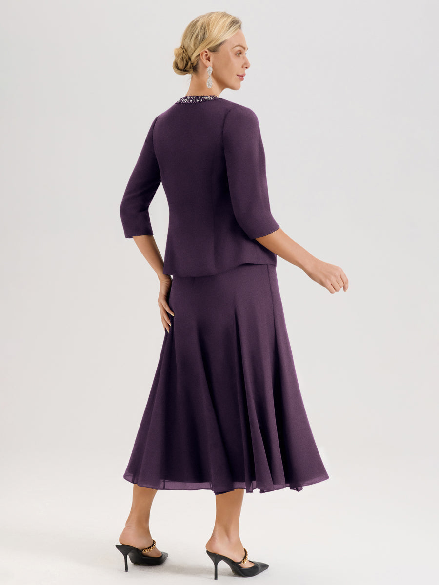 Cicinia Plum Ensemble 3 Pièces Robe Mère De La Mariée Mi-Long À Col Carré Et Manches Trois-Quarts En Mousseline