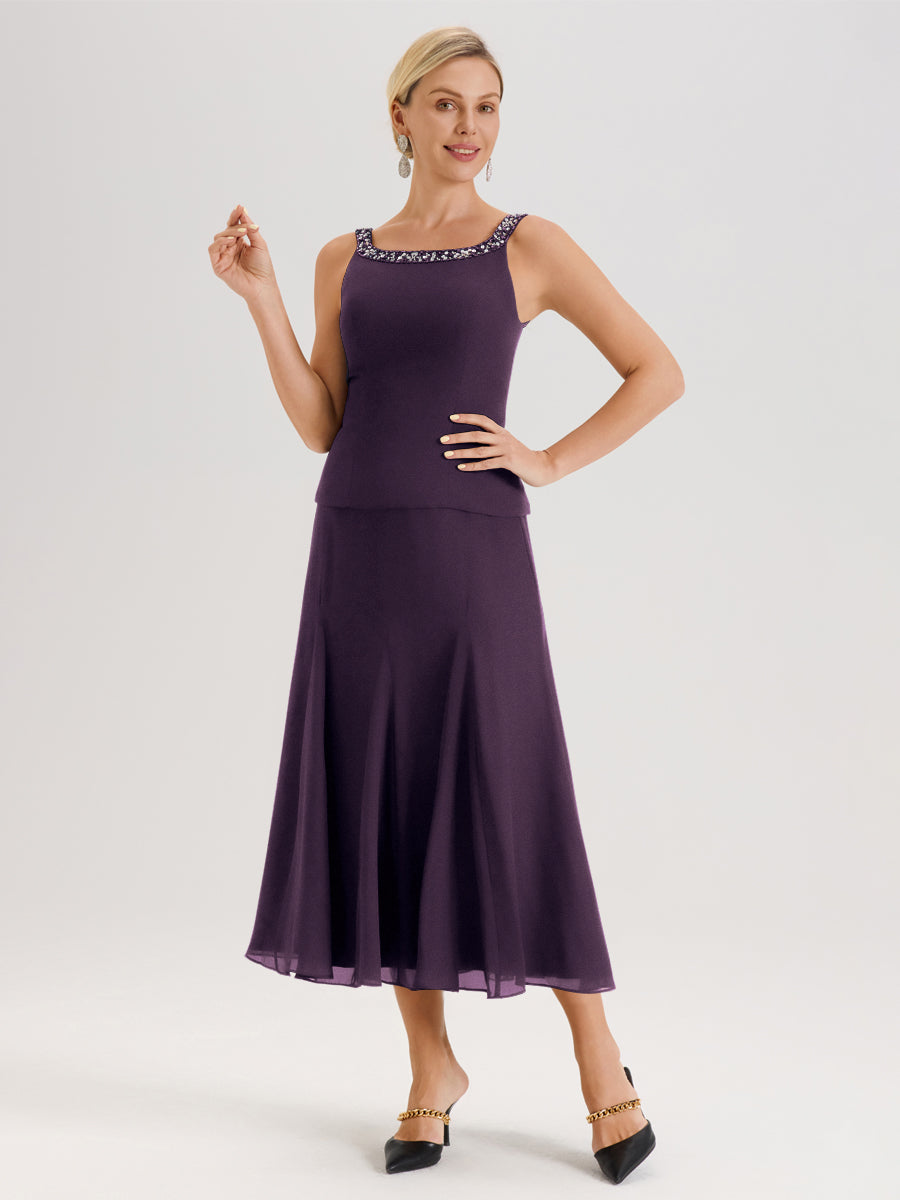 Cicinia Plum Ensemble 3 Pièces Robe Mère De La Mariée Mi-Long À Col Carré Et Manches Trois-Quarts En Mousseline
