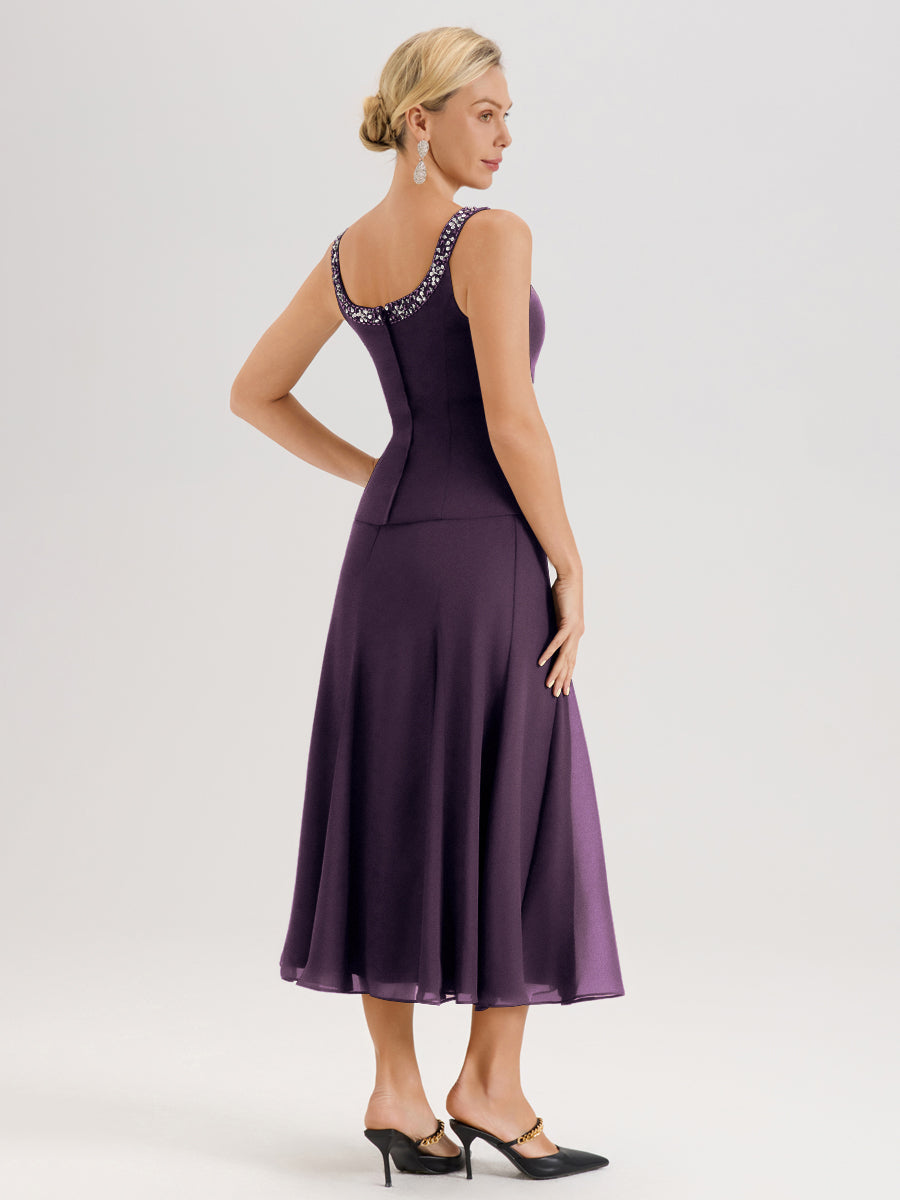 Cicinia Plum Ensemble 3 Pièces Robe Mère De La Mariée Mi-Long À Col Carré Et Manches Trois-Quarts En Mousseline