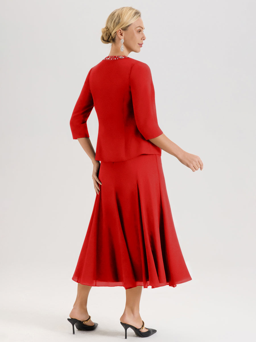 Cicinia Rouge Ensemble 3 Pièces Robe Mère De La Mariée Mi-Long À Col Carré Et Manches Trois-Quarts En Mousseline