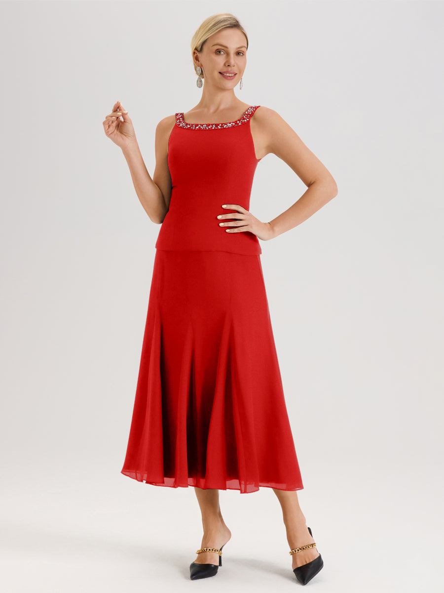 Cicinia Rouge Ensemble 3 Pièces Robe Mère De La Mariée Mi-Long À Col Carré Et Manches Trois-Quarts En Mousseline