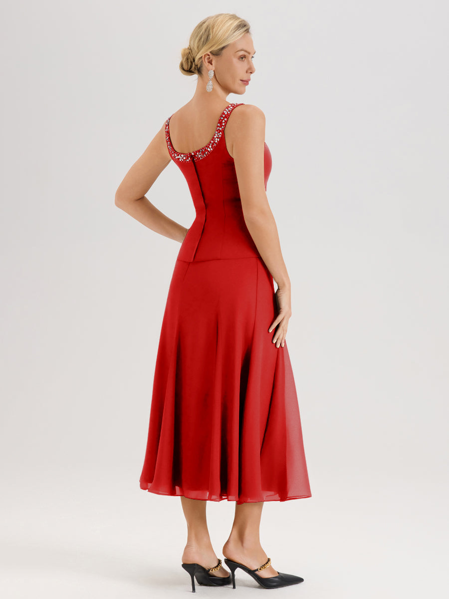 Cicinia Rouge Ensemble 3 Pièces Robe Mère De La Mariée Mi-Long À Col Carré Et Manches Trois-Quarts En Mousseline