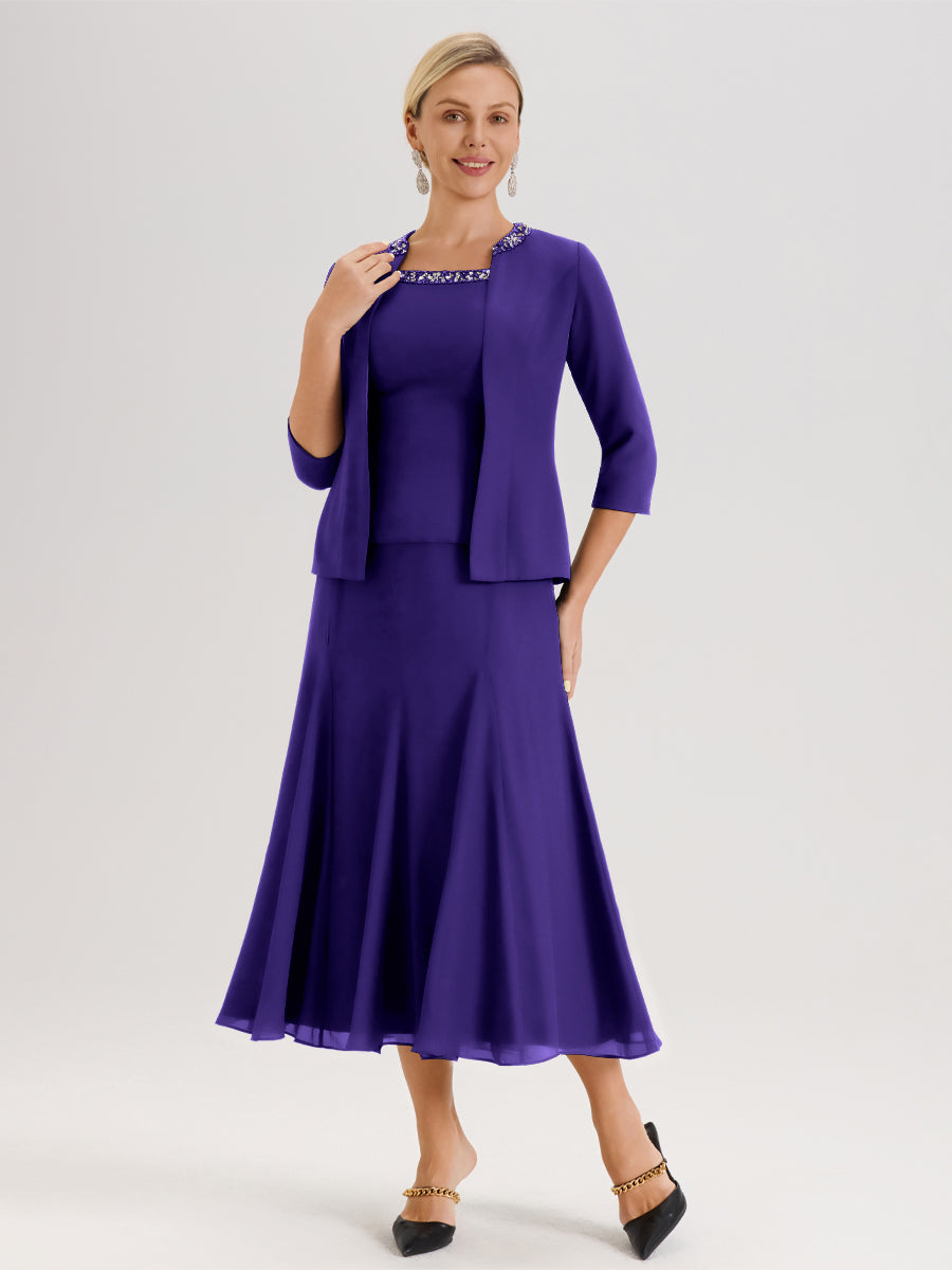 Cicinia Régence Ensemble 3 Pièces Robe Mère De La Mariée Mi-Long À Col Carré Et Manches Trois-Quarts En Mousseline