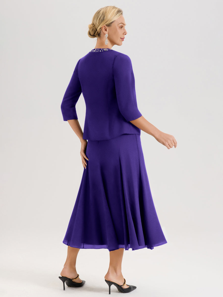 Cicinia Régence Ensemble 3 Pièces Robe Mère De La Mariée Mi-Long À Col Carré Et Manches Trois-Quarts En Mousseline