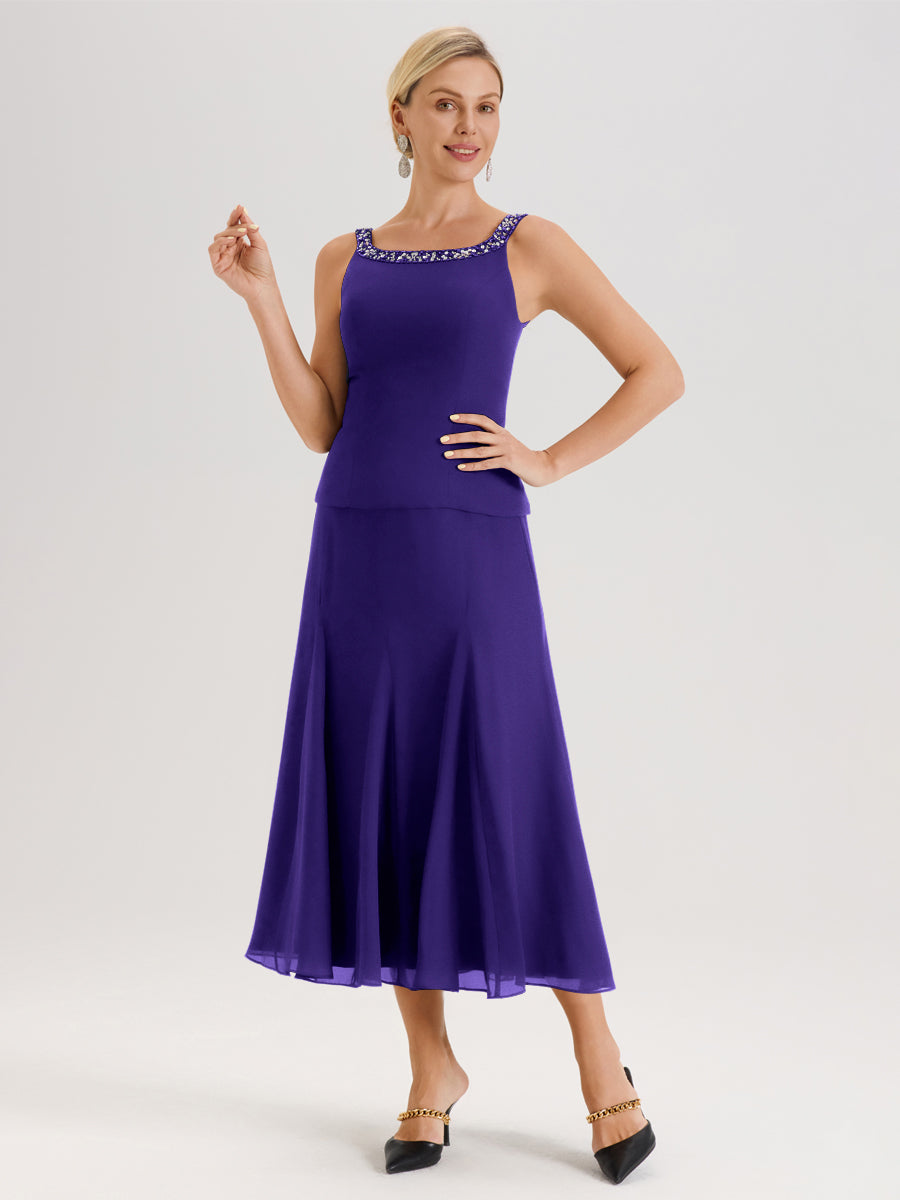 Cicinia Régence Ensemble 3 Pièces Robe Mère De La Mariée Mi-Long À Col Carré Et Manches Trois-Quarts En Mousseline