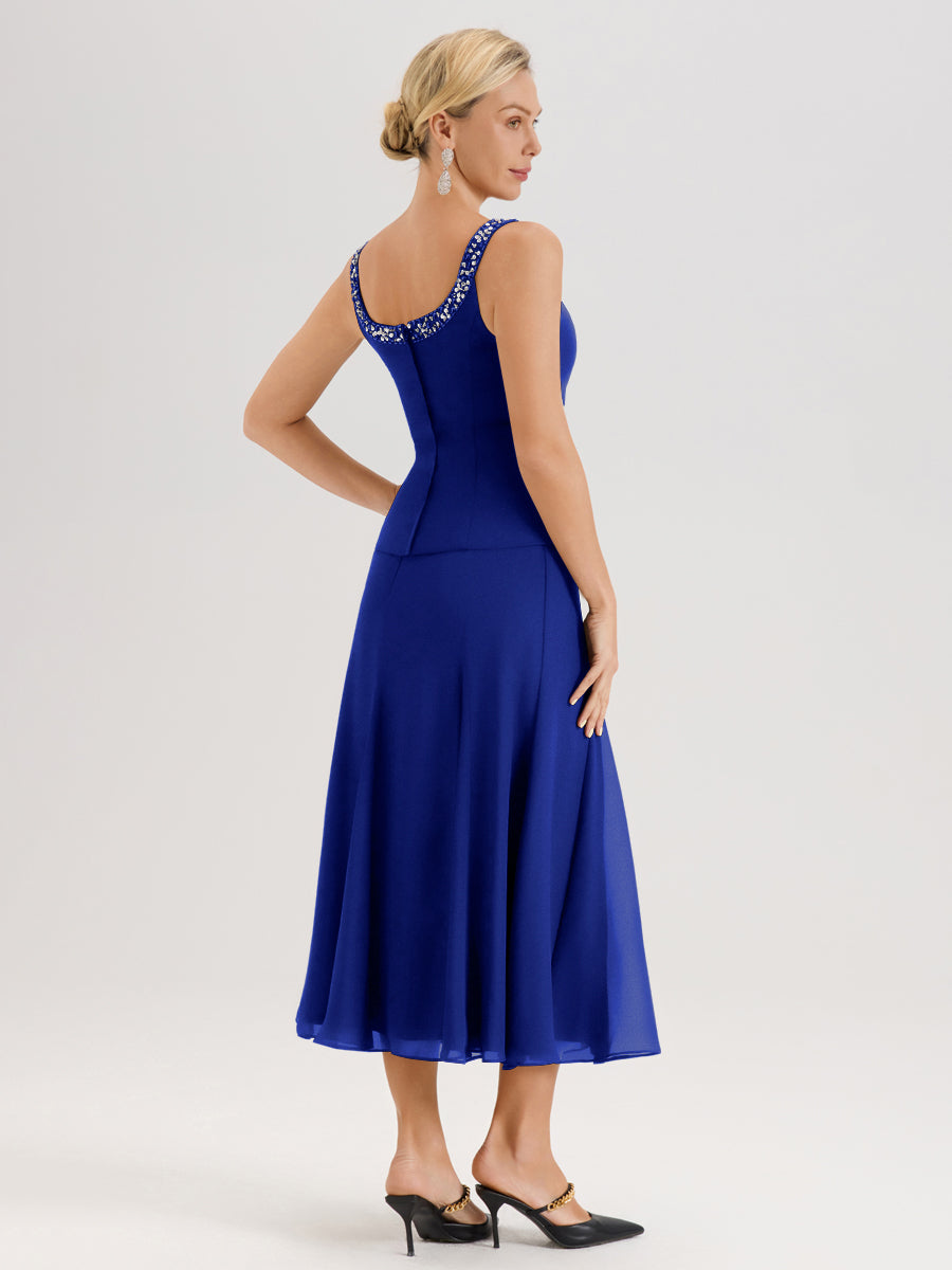 Cicinia Bleu Royale Ensemble 3 Pièces Robe Mère De La Mariée Mi-Long À Col Carré Et Manches Trois-Quarts En Mousseline