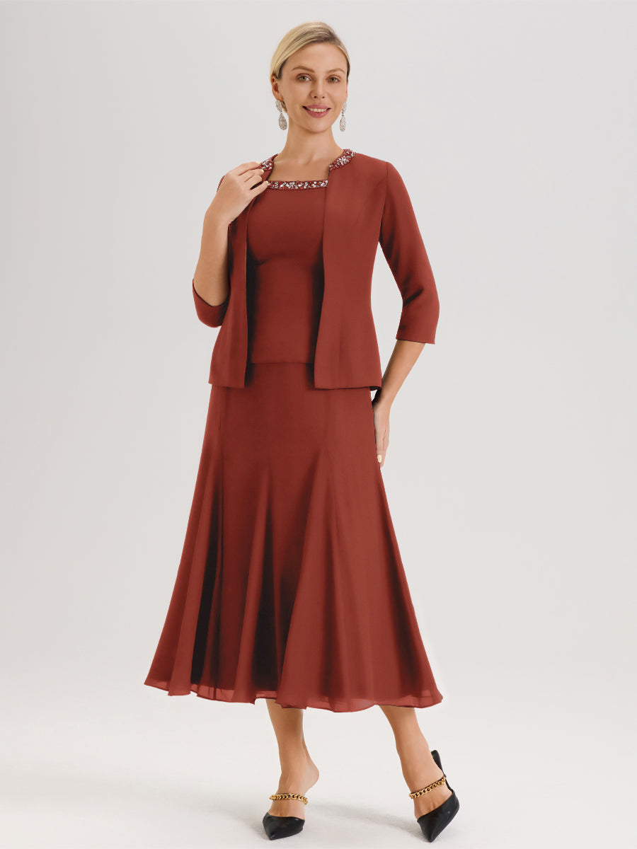 Cicinia Rouille Ensemble 3 Pièces Robe Mère De La Mariée Mi-Long À Col Carré Et Manches Trois-Quarts En Mousseline
