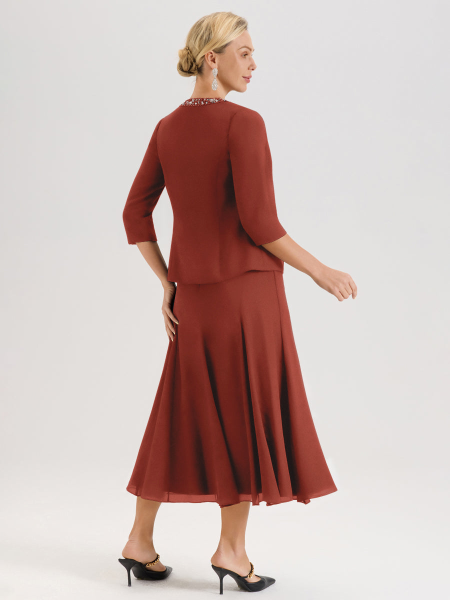 Cicinia Rouille Ensemble 3 Pièces Robe Mère De La Mariée Mi-Long À Col Carré Et Manches Trois-Quarts En Mousseline