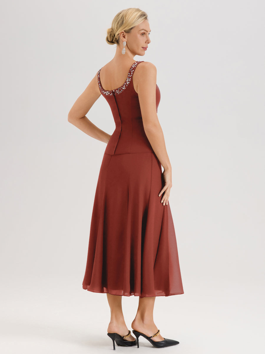 Cicinia Rouille Ensemble 3 Pièces Robe Mère De La Mariée Mi-Long À Col Carré Et Manches Trois-Quarts En Mousseline