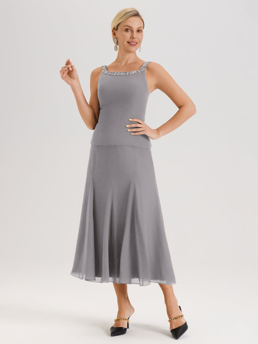 Cicinia Argent Ensemble 3 Pièces Robe Mère De La Mariée Mi-Long À Col Carré Et Manches Trois-Quarts En Mousseline