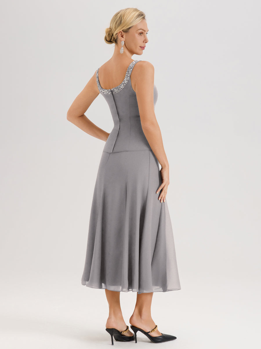 Cicinia Argent Ensemble 3 Pièces Robe Mère De La Mariée Mi-Long À Col Carré Et Manches Trois-Quarts En Mousseline
