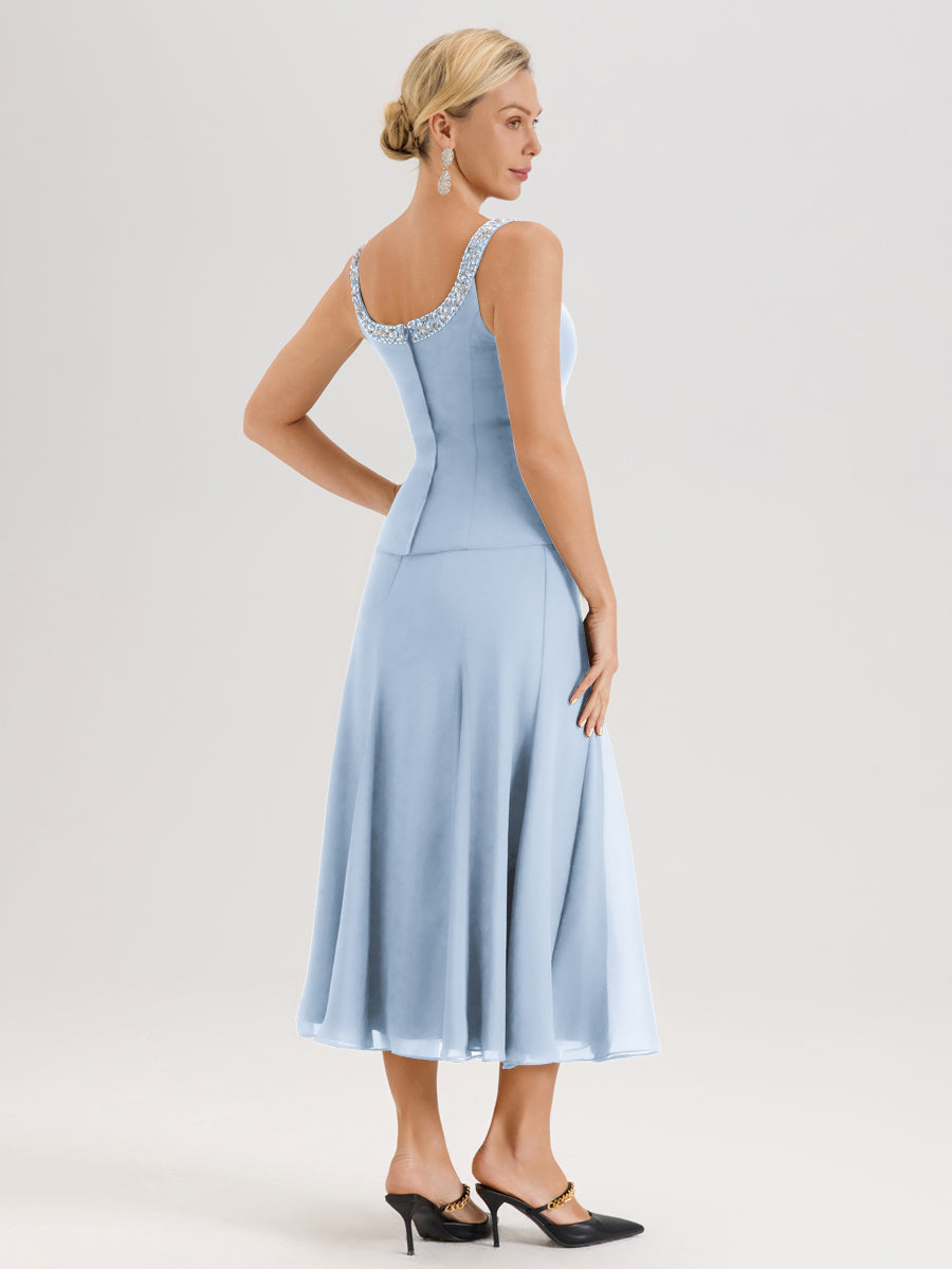Cicinia Bleu Ciel Ensemble 3 Pièces Robe Mère De La Mariée Mi-Long À Col Carré Et Manches Trois-Quarts En Mousseline