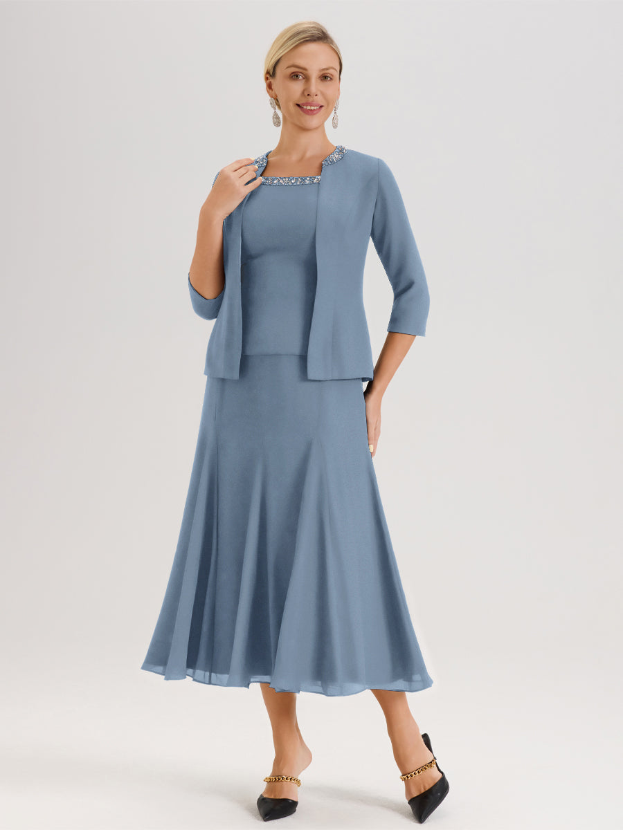 Cicinia Bleu De Schiste Ensemble 3 Pièces Robe Mère De La Mariée Mi-Long À Col Carré Et Manches Trois-Quarts En Mousseline