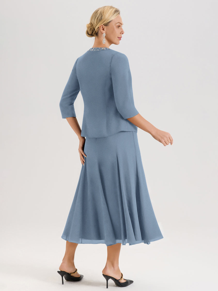 Cicinia Bleu De Schiste Ensemble 3 Pièces Robe Mère De La Mariée Mi-Long À Col Carré Et Manches Trois-Quarts En Mousseline