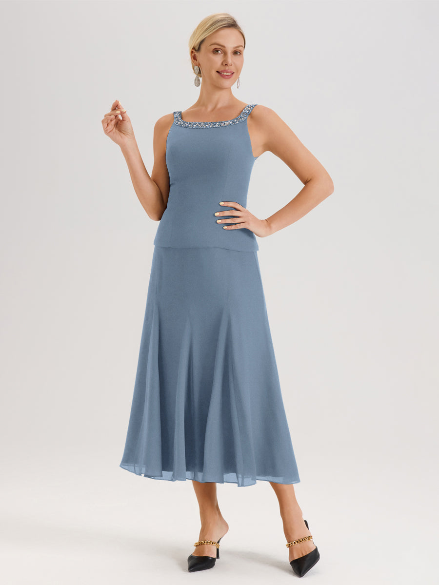 Cicinia Bleu De Schiste Ensemble 3 Pièces Robe Mère De La Mariée Mi-Long À Col Carré Et Manches Trois-Quarts En Mousseline