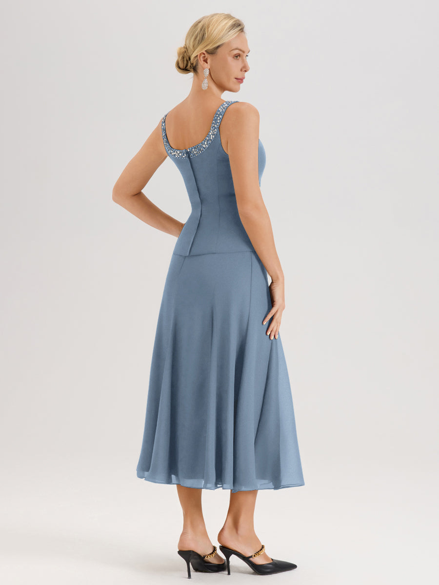 Cicinia Bleu De Schiste Ensemble 3 Pièces Robe Mère De La Mariée Mi-Long À Col Carré Et Manches Trois-Quarts En Mousseline