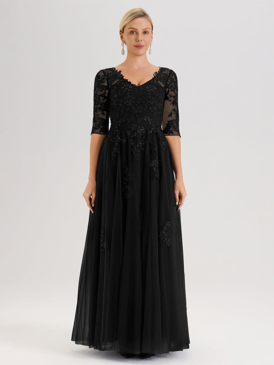Cicinia Noir Robe De Mère De La Mariée Longue Ligne A En Tulle Mousseline Et Dentelle À Décolleté En V Et Manches Demi
