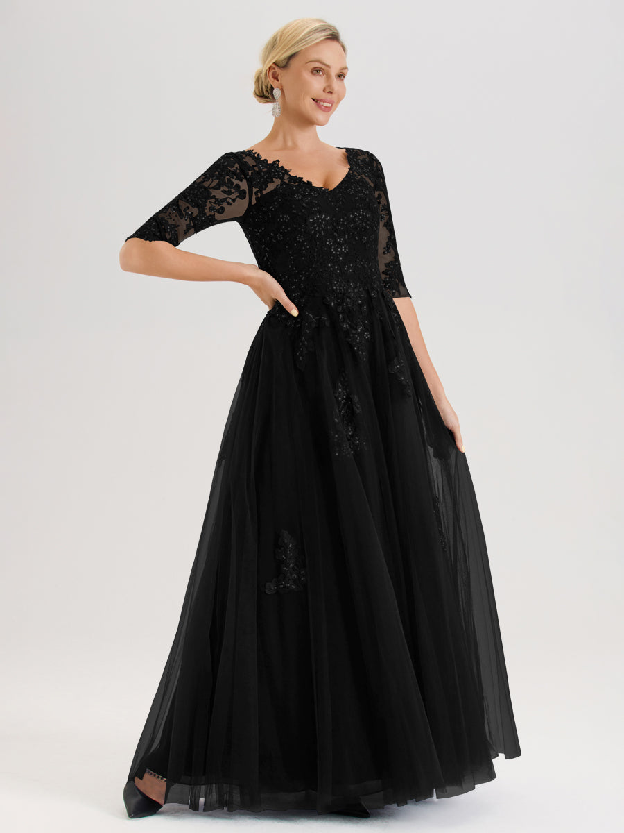Cicinia Noir Robe De Mère De La Mariée Longue Ligne A En Tulle Mousseline Et Dentelle À Décolleté En V Et Manches Demi