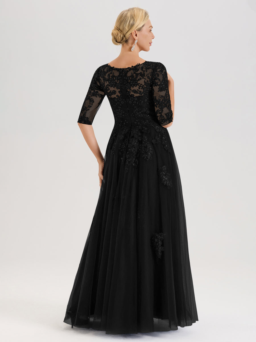 Cicinia Noir Robe De Mère De La Mariée Longue Ligne A En Tulle Mousseline Et Dentelle À Décolleté En V Et Manches Demi