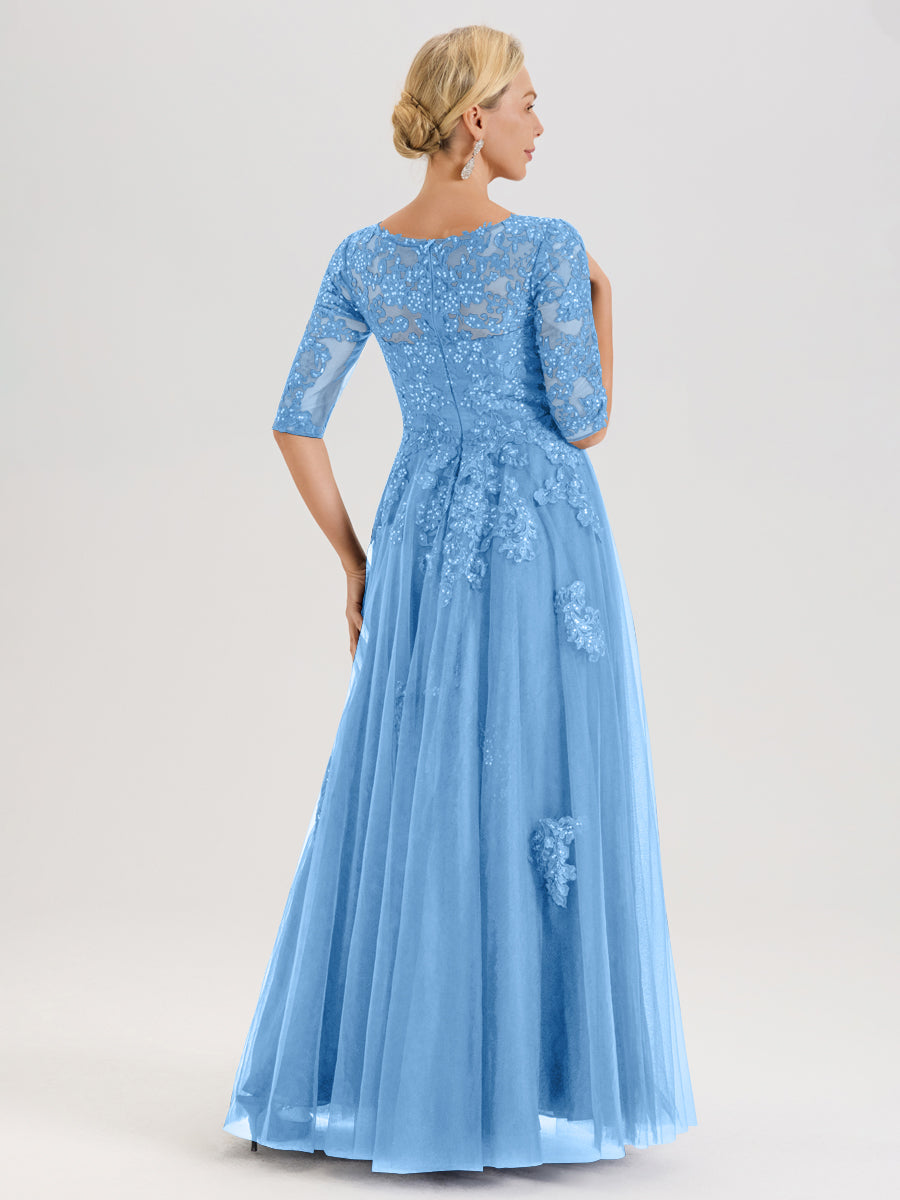 Cicinia Bleu Robe De Mère De La Mariée Longue Ligne A En Tulle Mousseline Et Dentelle À Décolleté En V Et Manches Demi