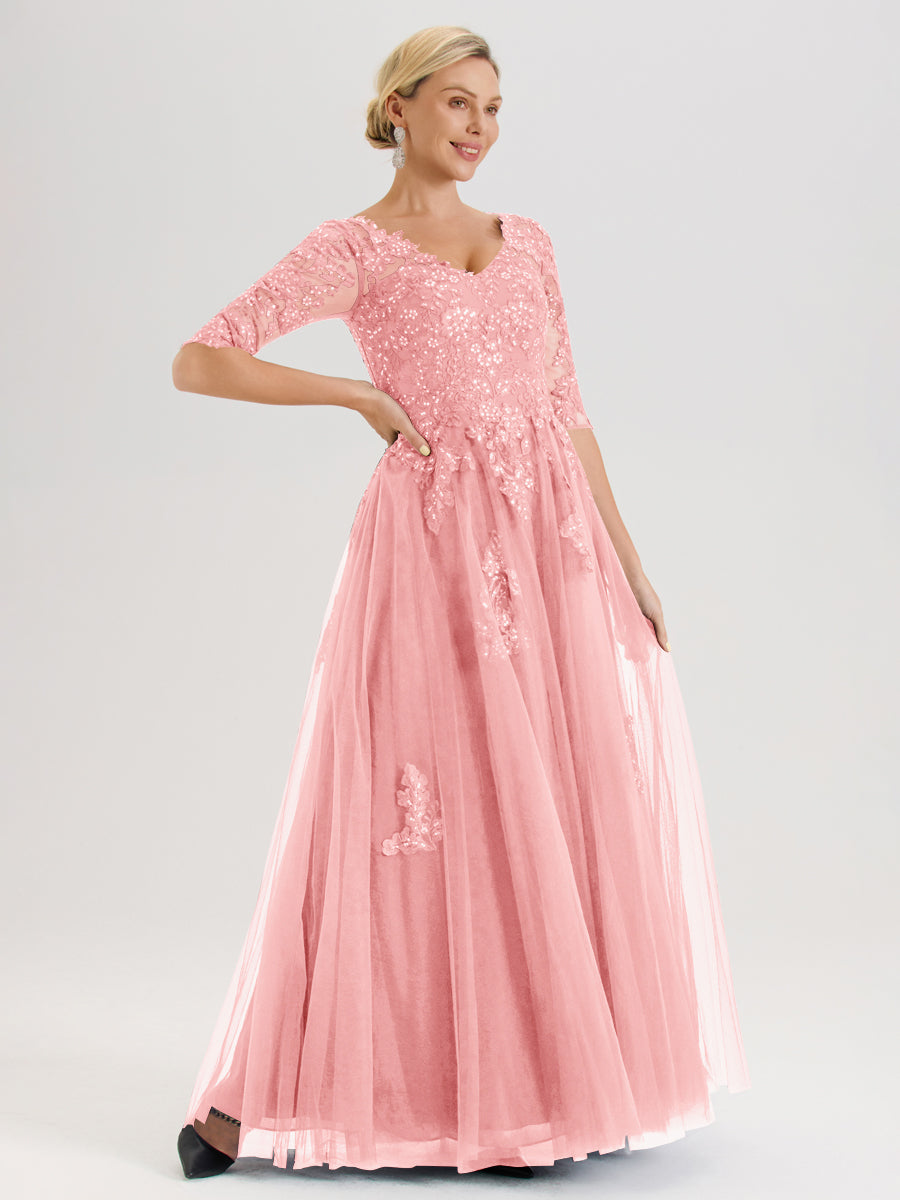 Cicinia Rose Robe De Mère De La Mariée Longue Ligne A En Tulle Mousseline Et Dentelle À Décolleté En V Et Manches Demi