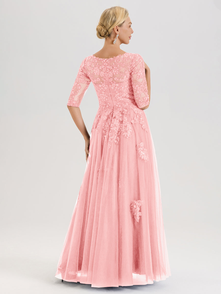 Cicinia Rose Robe De Mère De La Mariée Longue Ligne A En Tulle Mousseline Et Dentelle À Décolleté En V Et Manches Demi