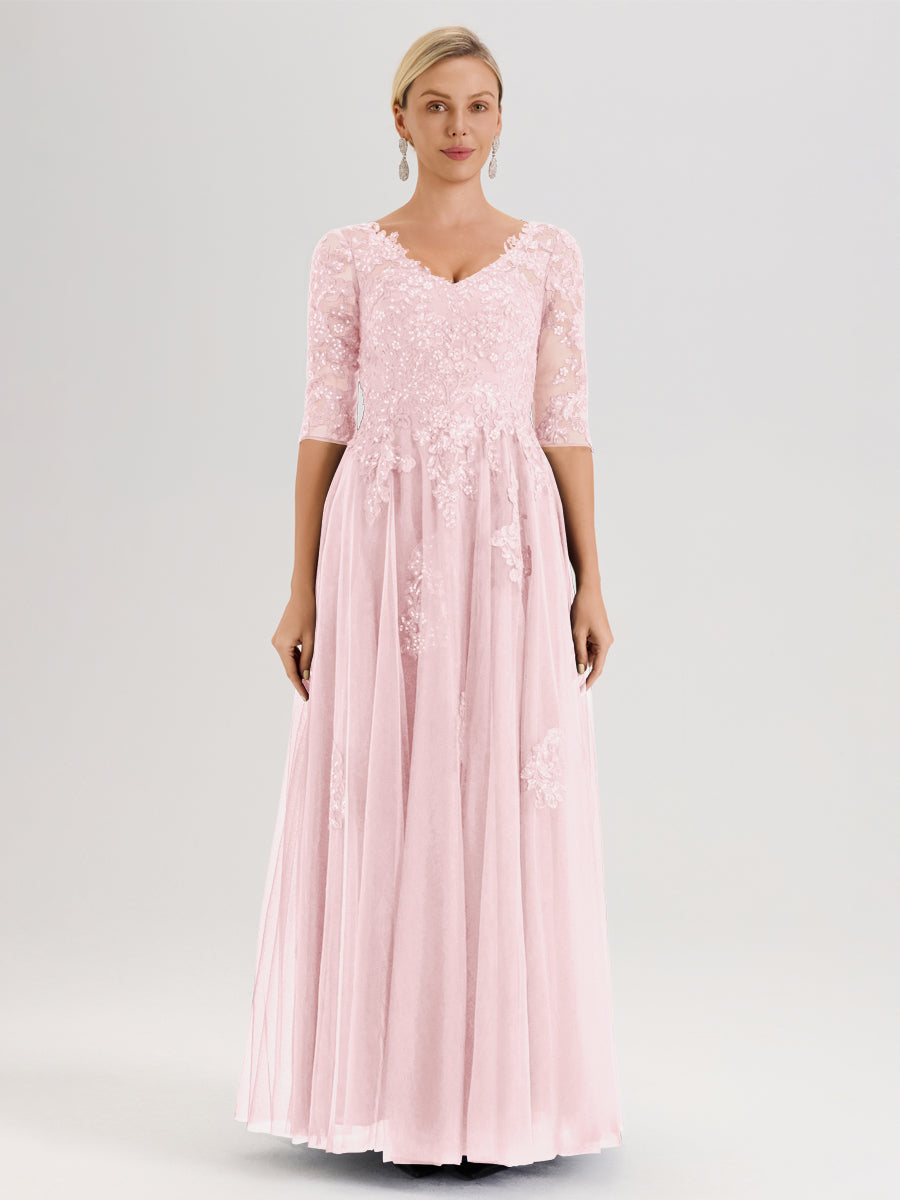 Cicinia Rose Pâle Robe De Mère De La Mariée Longue Ligne A En Tulle Mousseline Et Dentelle À Décolleté En V Et Manches Demi