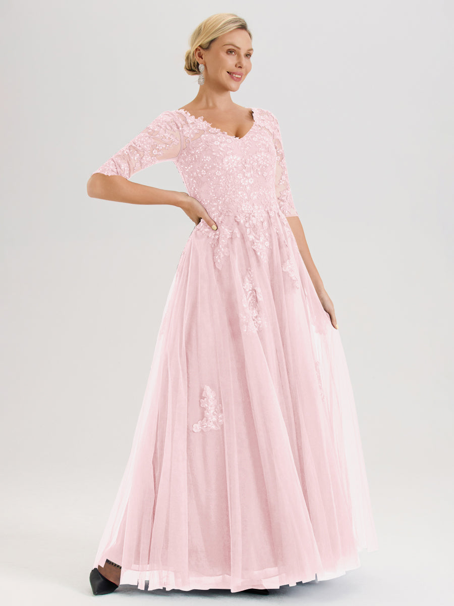 Cicinia Rose Pâle Robe De Mère De La Mariée Longue Ligne A En Tulle Mousseline Et Dentelle À Décolleté En V Et Manches Demi