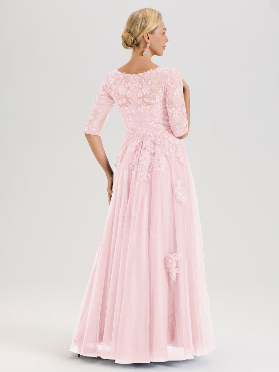 Cicinia Rose Pâle Robe De Mère De La Mariée Longue Ligne A En Tulle Mousseline Et Dentelle À Décolleté En V Et Manches Demi