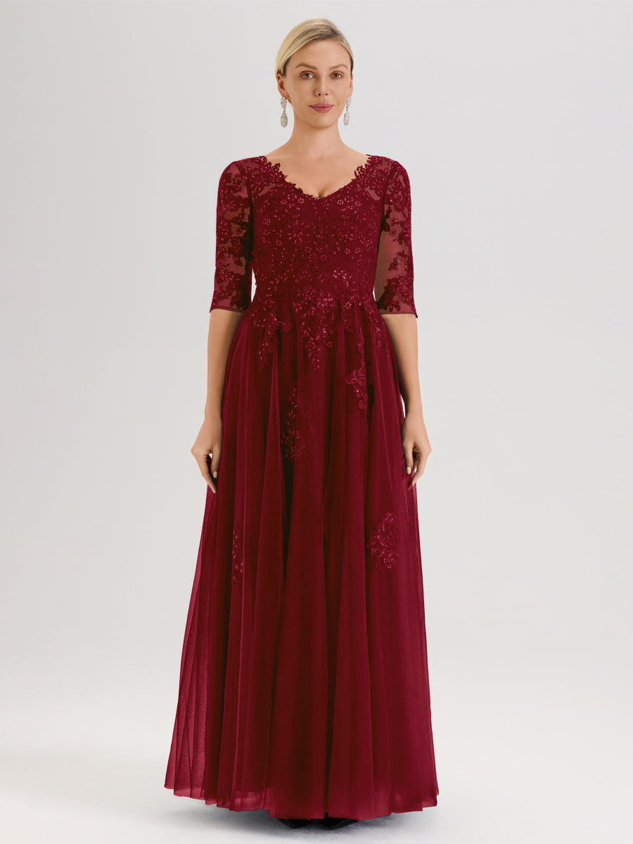 Cicinia Bordeaux Robe De Mère De La Mariée Longue Ligne A En Tulle Mousseline Et Dentelle À Décolleté En V Et Manches Demi