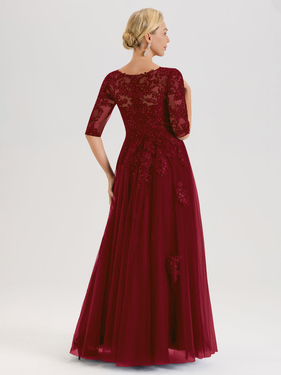 Cicinia Bordeaux Robe De Mère De La Mariée Longue Ligne A En Tulle Mousseline Et Dentelle À Décolleté En V Et Manches Demi