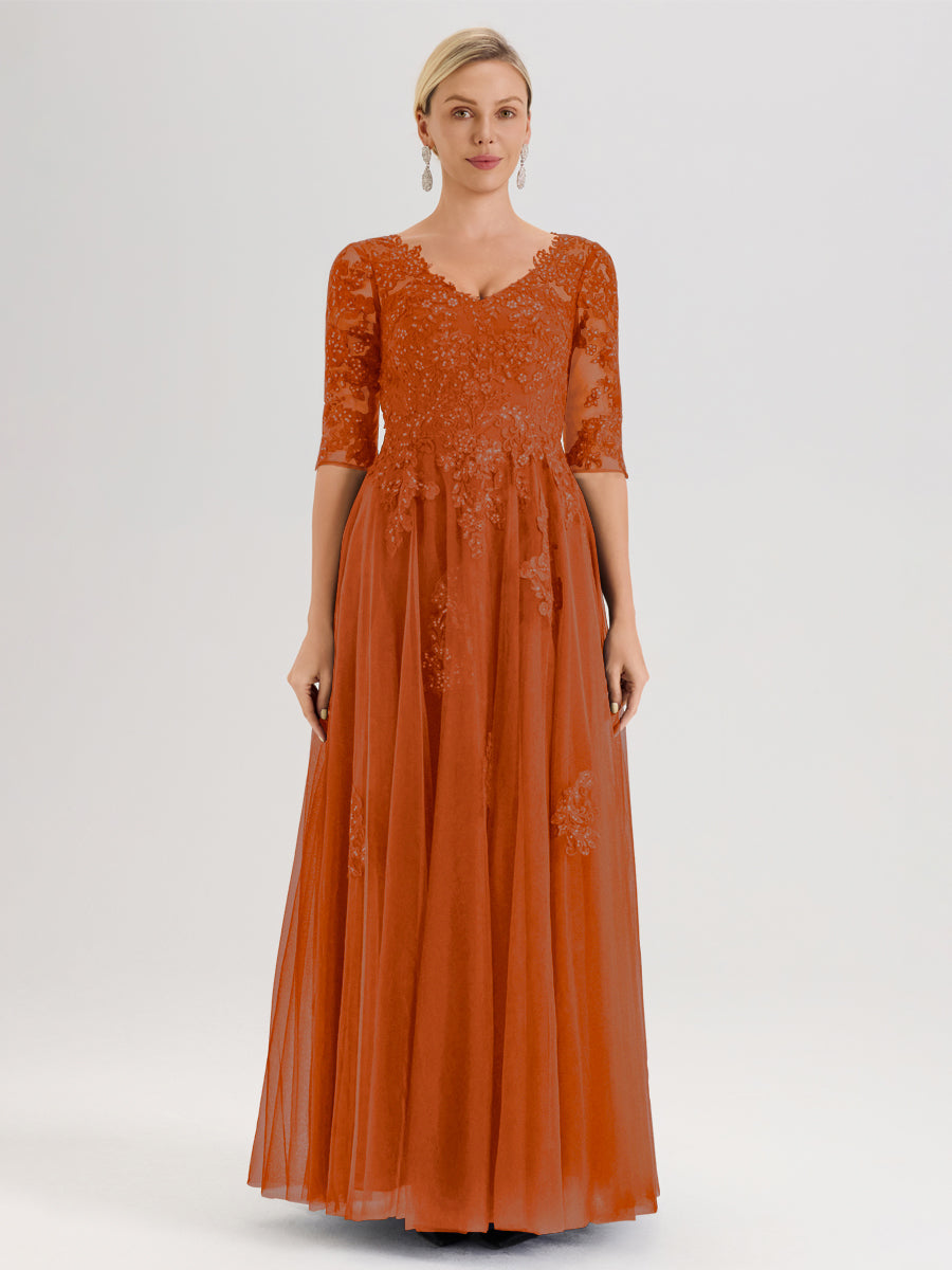 Cicinia Orange Brûlé Robe De Mère De La Mariée Longue Ligne A En Tulle Mousseline Et Dentelle À Décolleté En V Et Manches Demi