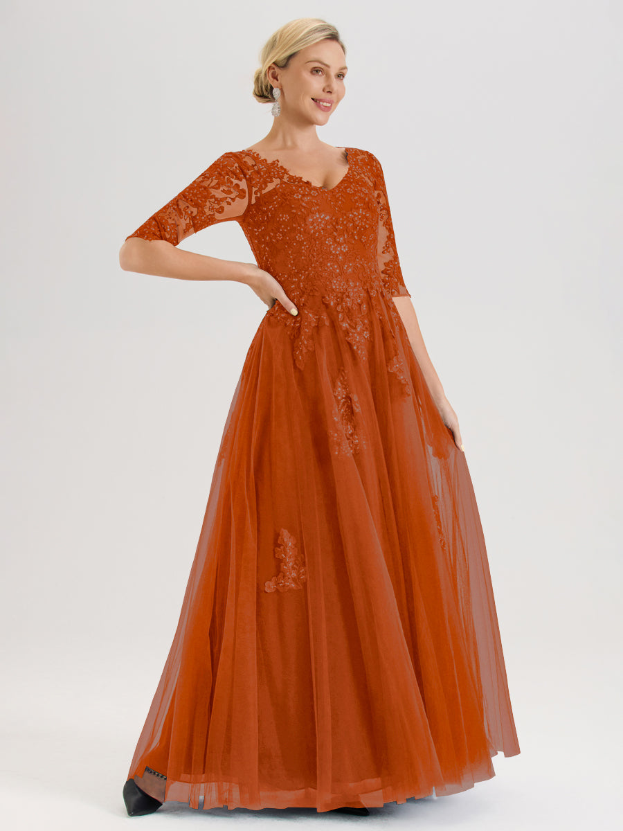 Cicinia Orange Brûlé Robe De Mère De La Mariée Longue Ligne A En Tulle Mousseline Et Dentelle À Décolleté En V Et Manches Demi